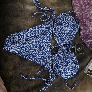 Zaful Blue Floral Tie Bikini Set